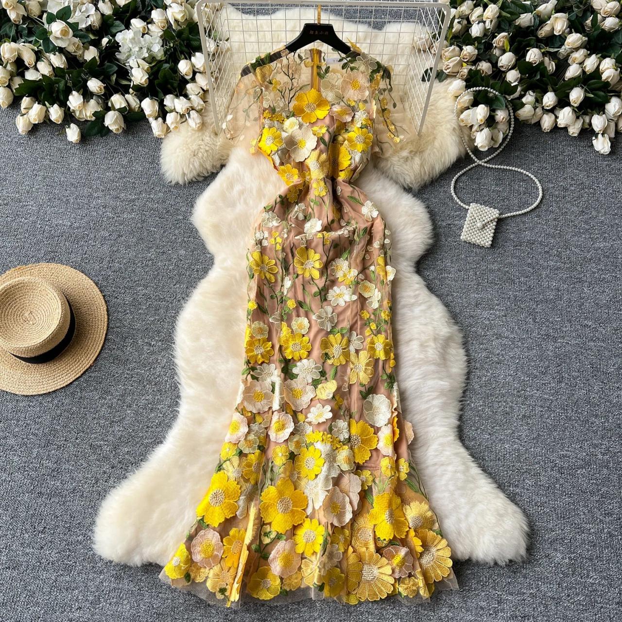 embroidered wedding dress with sleeves Sunflowers Appliquã Hand Embroidered Dress main image 1