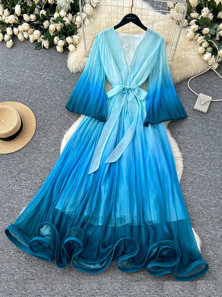 blue ombre chiffon dress NicoBlu Luna Chiffon Kaftan in Pale Blue Ombre and Embellishment XL main image 0