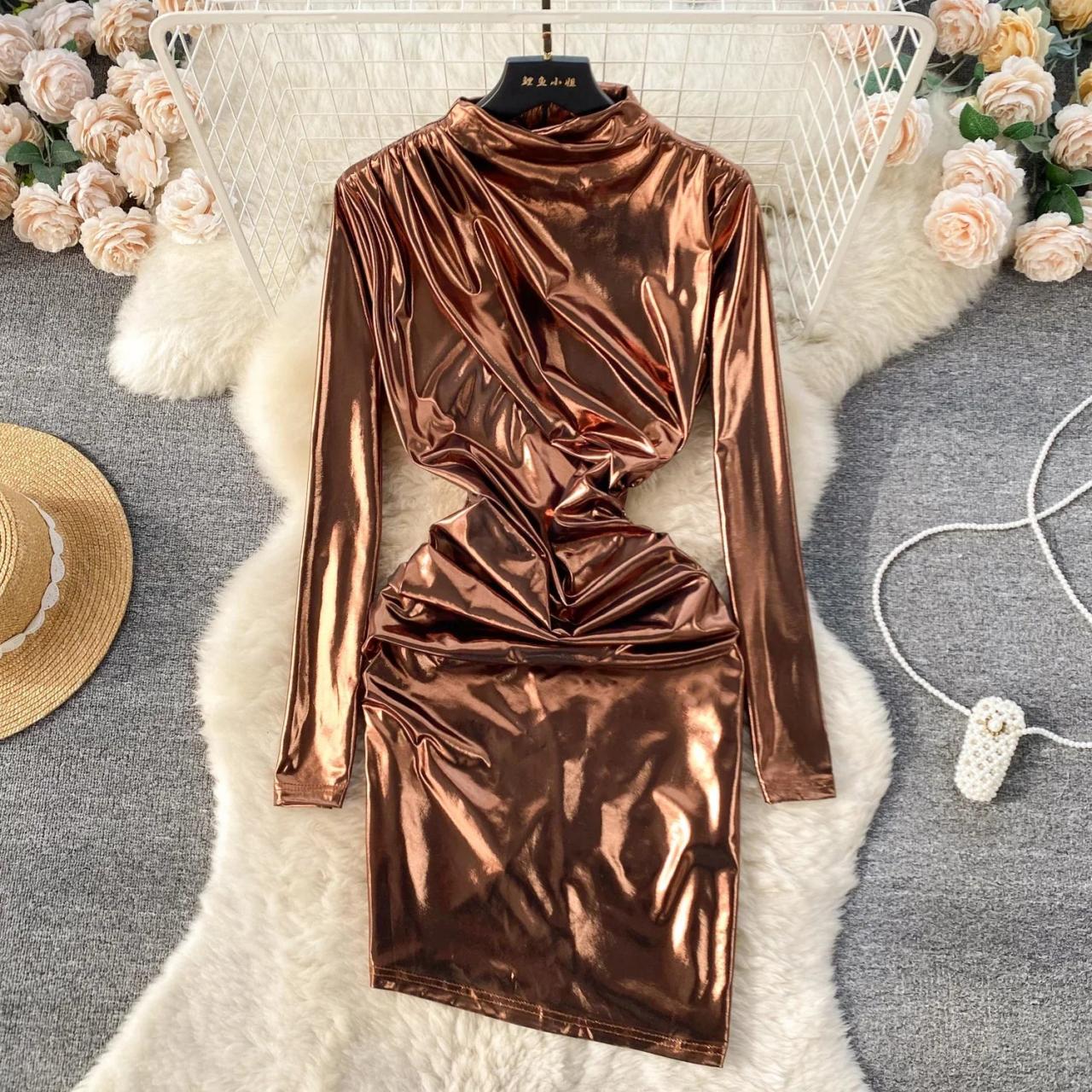 Metallic Long Sleeve Ruched Bodycon Party Dress