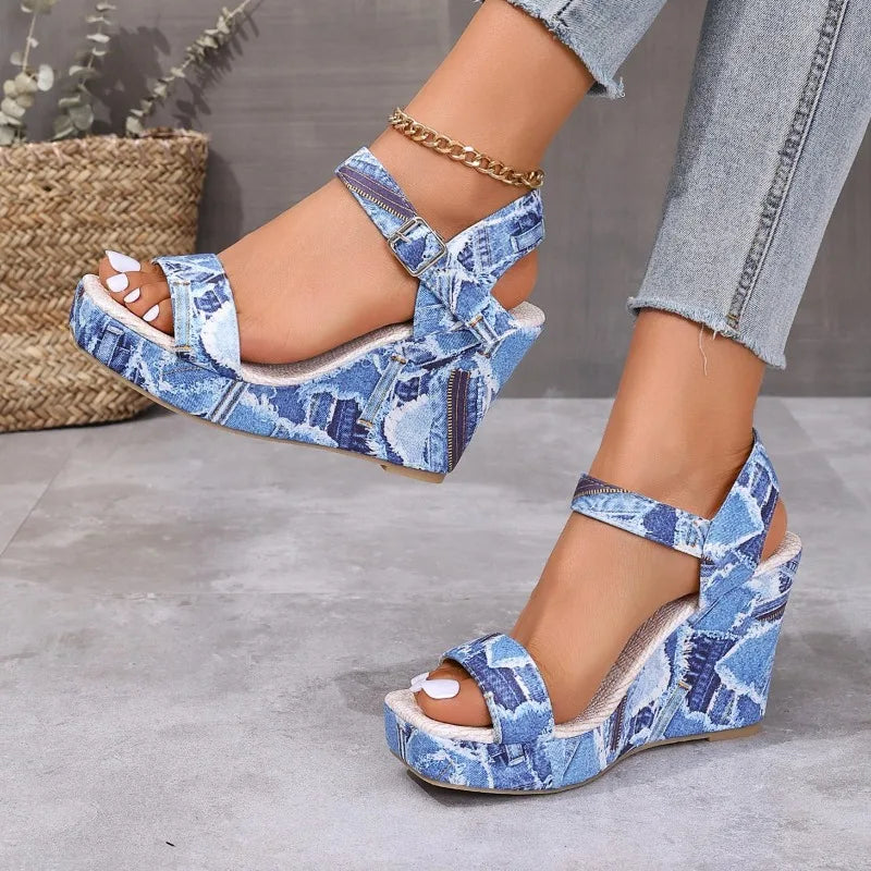Blue Denim Platform Wedges With Ankle Strap