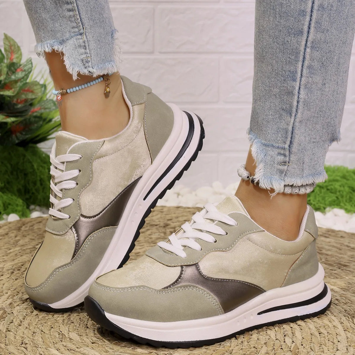 Stylish Olive Green and Tan Sneakers Michael Kors Sz 8.5 M Olympia Mixed Media Trainer Olive  main image 4