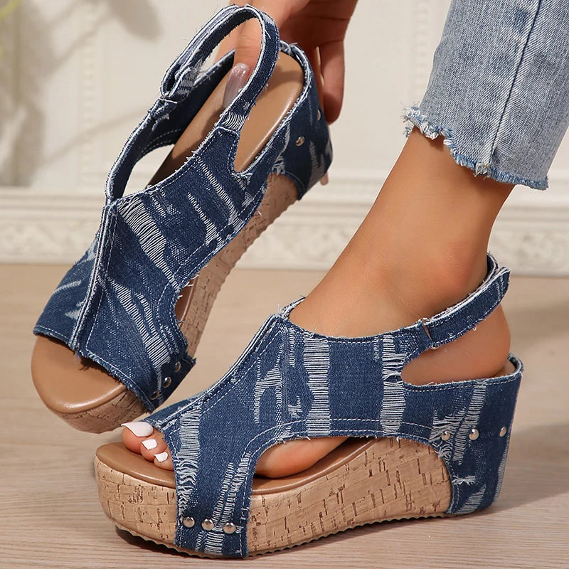 Denim Platform Sandals With Cork Wedge Heel on Luulla