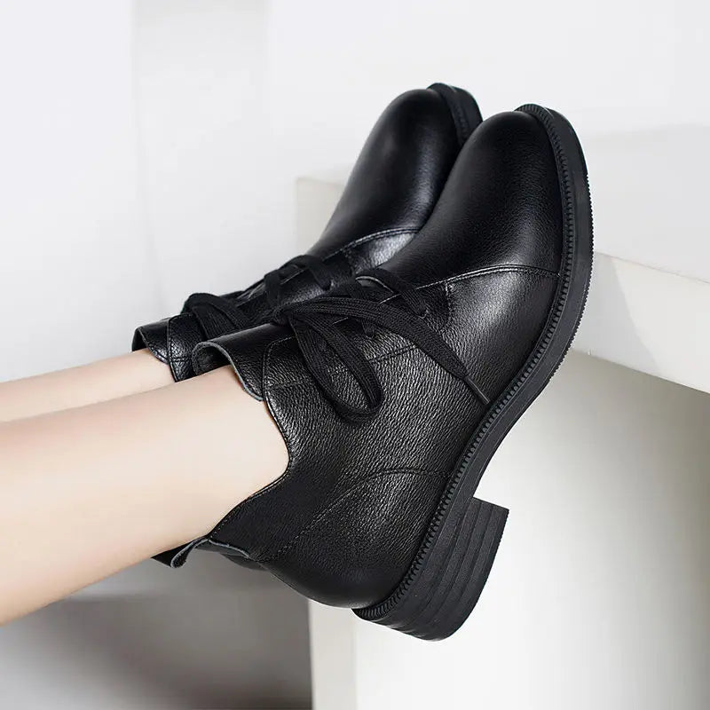 Womens Genuine Leather Black Ankle Lace Boots