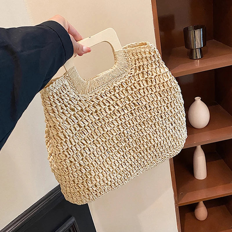 Handmade Straw Tote With Wooden Handle Design on Luulla