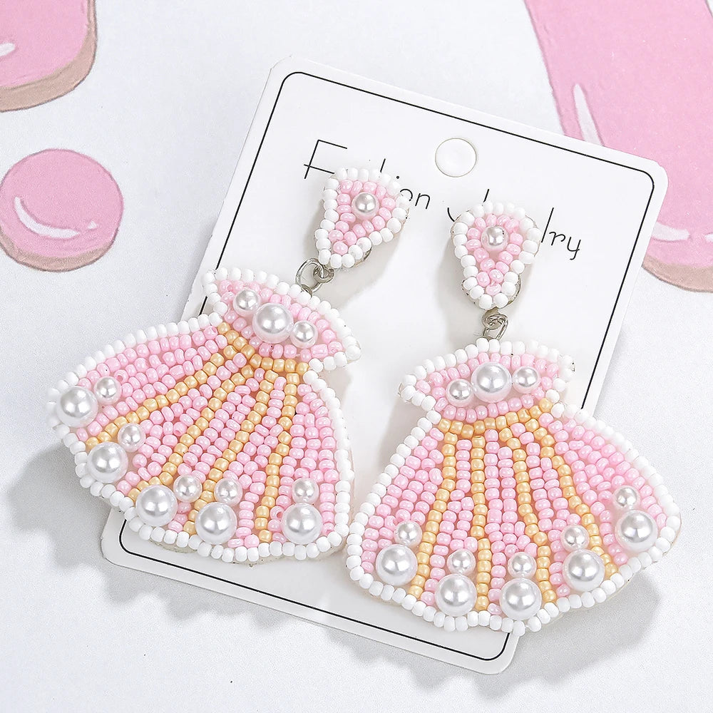 Pink Beaded Dress-shaped Statement Earrings With Pearls
