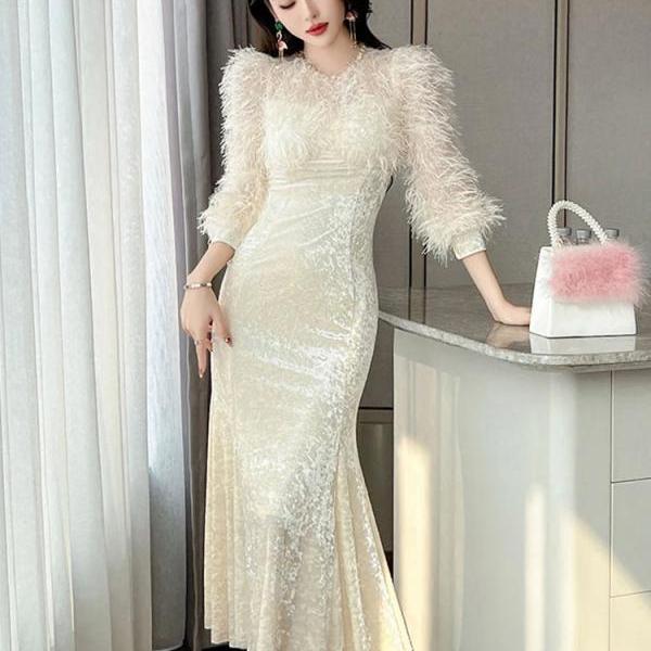 velvet feather long sleeve dress Puff Shoulder 3/4 Sleeves Feather Velvet Mermaid Dress 4XL / Silver