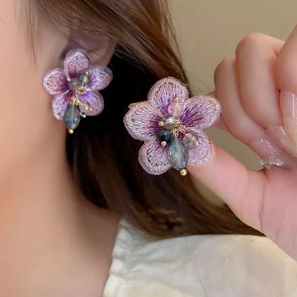 ✨NEW Elegant Purple Floral Statement Earrings Purple Floral Statement Earrings | Pink Flower Crystal  main image 2
