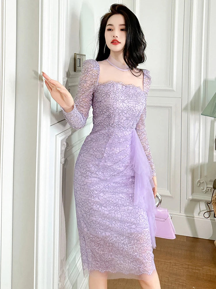 Lavender Lace Dress with Sheer Sleeves Midi